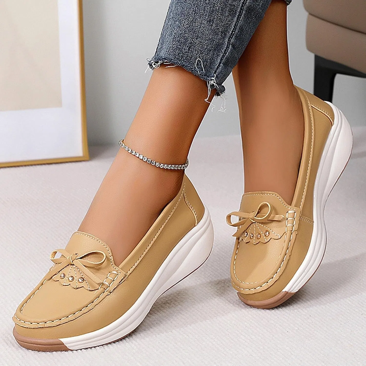 Лоферы женские из искусственной кожи, Slip On, Khaki Kldyj — фото 2