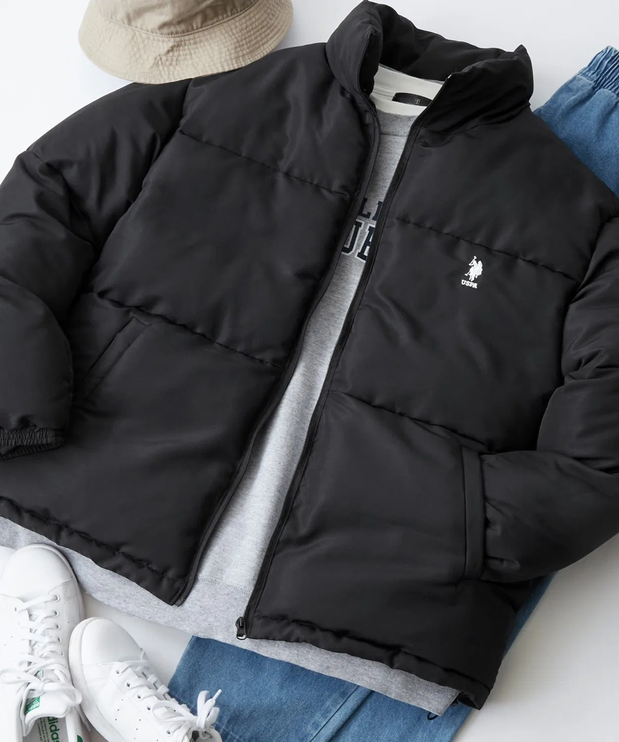 Куртка U.S. POLO ASSN. с логотипом, оверсайз, стойка, утепленная, серо-бежевая — фото 2