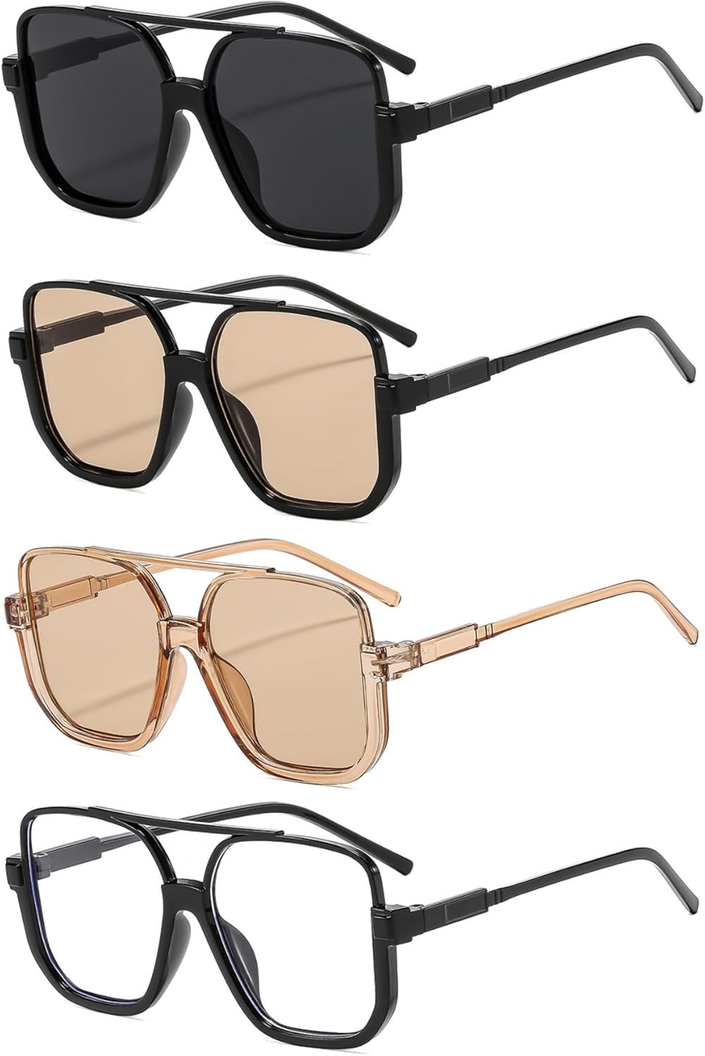 

4 пары ретро-солнцезащитных очков-авиаторов большого размера для женщин и мужчин, квадратные, полуободковые, в винтажном стиле 70-х годов ISIUINN, Black+black Light Brown+champagne+black Clear
