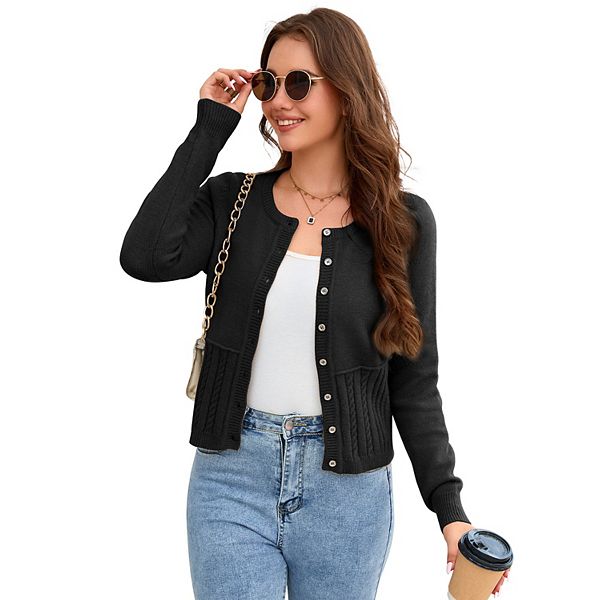 

Женский короткий кардиган с круглым вырезом и пуговицами спереди Clearflower, Black