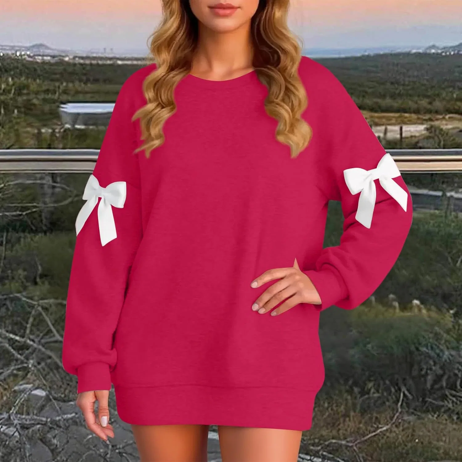 Generic Женские толстовки с круглым вырезом, объемные, флисовые, с милым бантом, в винтажном стиле, в стиле преппи, осенняя мода, свободный крой, одежда в стиле Y2K, A11 Hot Pink — фото 3