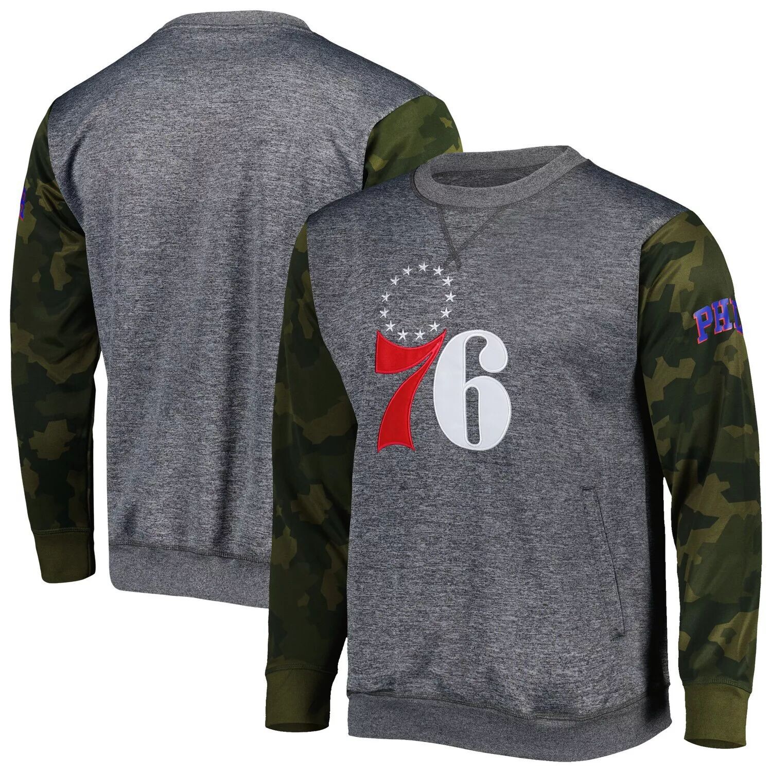 

Мужской свитшот с камуфляжной прошивкой и фирменным логотипом Heather Charcoal Philadelphia 76ers Fanatics