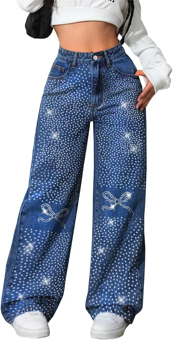 

Женские джинсы с высокой талией и широкими штанинами, с блестящими деталями TACSTRUN