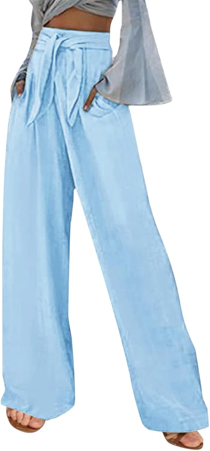 Широкие брюки женские с высокой талией, хлопок и лен, Light Blue
