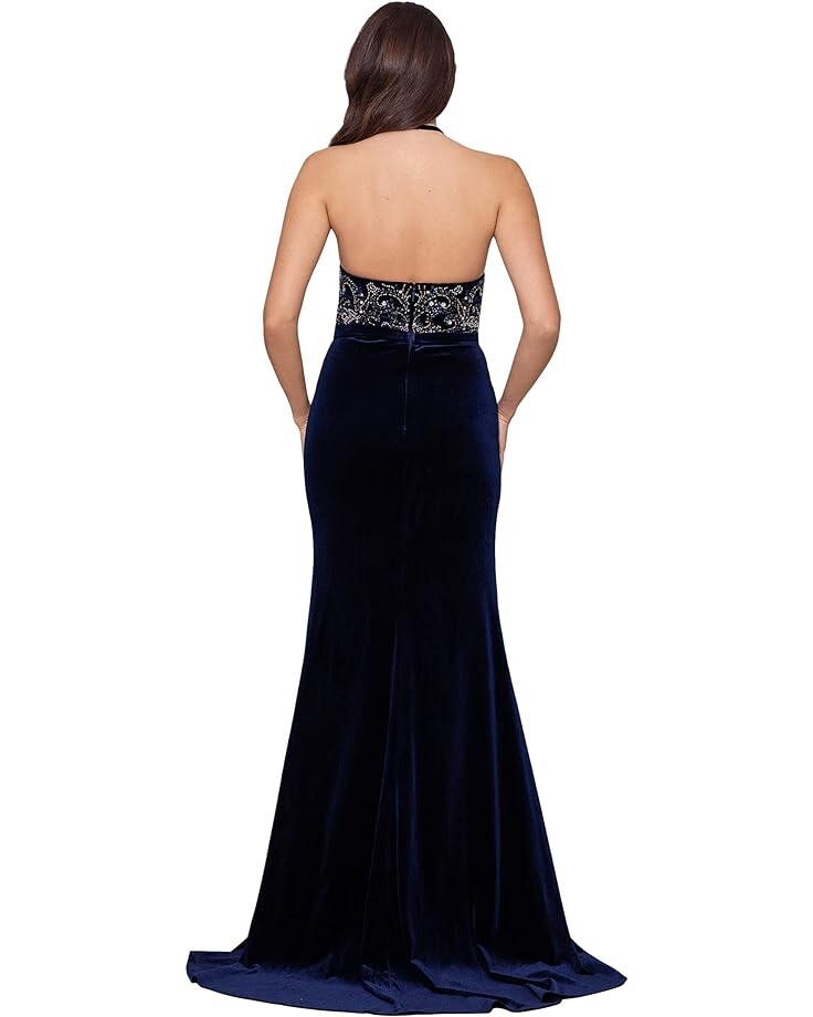 

Платье Betsy & Adam Long Beaded V-Neck Velvet Gown, цвет Navy/Multi