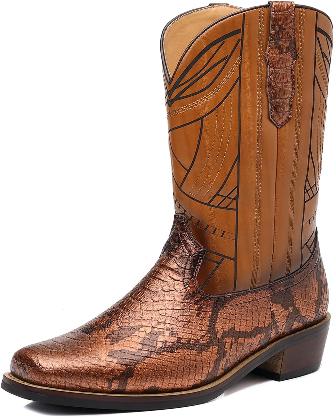 

Мужские ковбойские ботинки Abborora с принтом под змею, мужские ретро-вестерн ботинки, ковбойские ботинки мужского стиля средней длины, коричневый