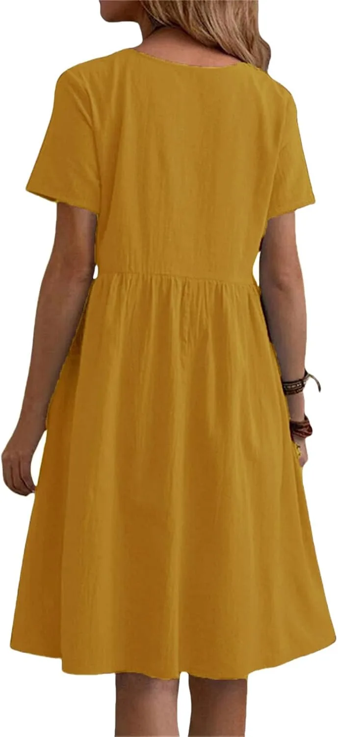 Женское летнее платье-футболка из хлопка и льна с коротким рукавом, повседневное свободное платье для пляжа и отдыха, струящееся многоярусное платье миди с карманами Generic, желтый — фото 2