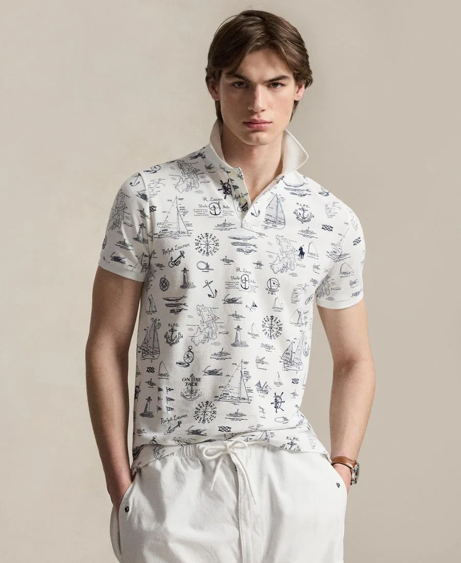 Мужская приталенная рубашка-поло в морском стиле из сетчатой ткани Polo Ralph Lauren, белый