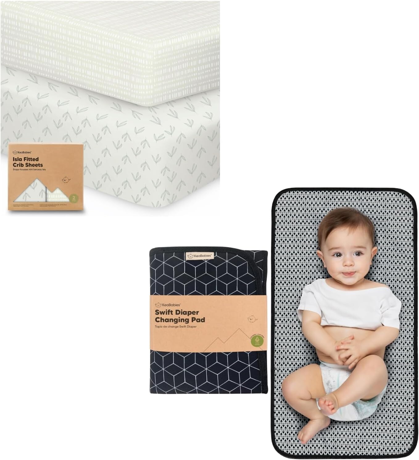 

Комплект из 2 бамбуковых вискозных простыней для кроватки Keababies и переносной пеленальной пеленки - органические простыни для детской кроватки для малышей - водонепроницаемый складной коврик для пеленания ребенка