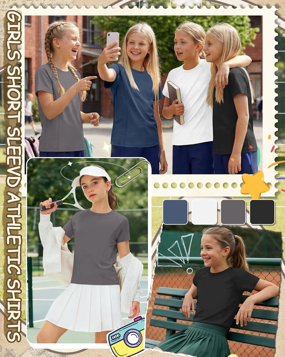 Комплект футболок для девочек, быстросохнущие, LessonZoo, 4 шт, Haze Blue, White, Dark Gray, Black — фото 4