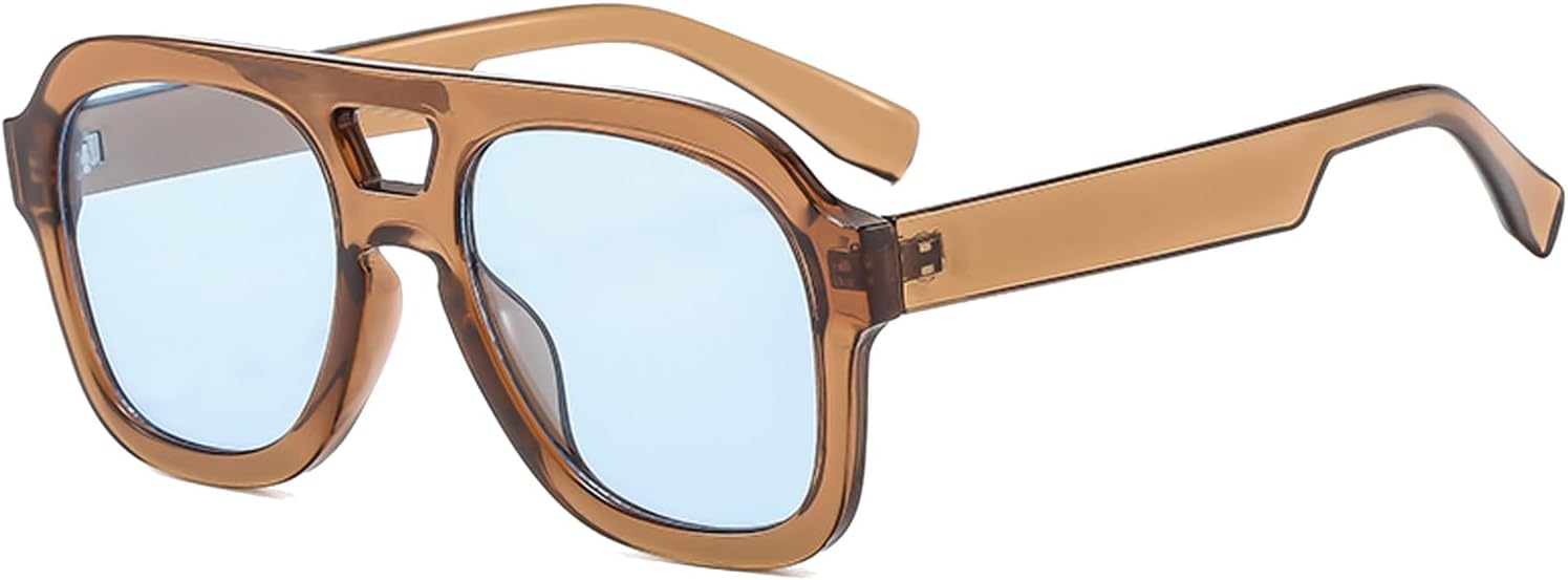 

Солнцезащитные очки Long Keeper Retro Pilot с двойной перемычкой, для женщин и мужчин, квадратные солнцезащитные очки в авиационном стиле, толстая оправа, винтаж 70-х годов Thryvox, Clear Brown