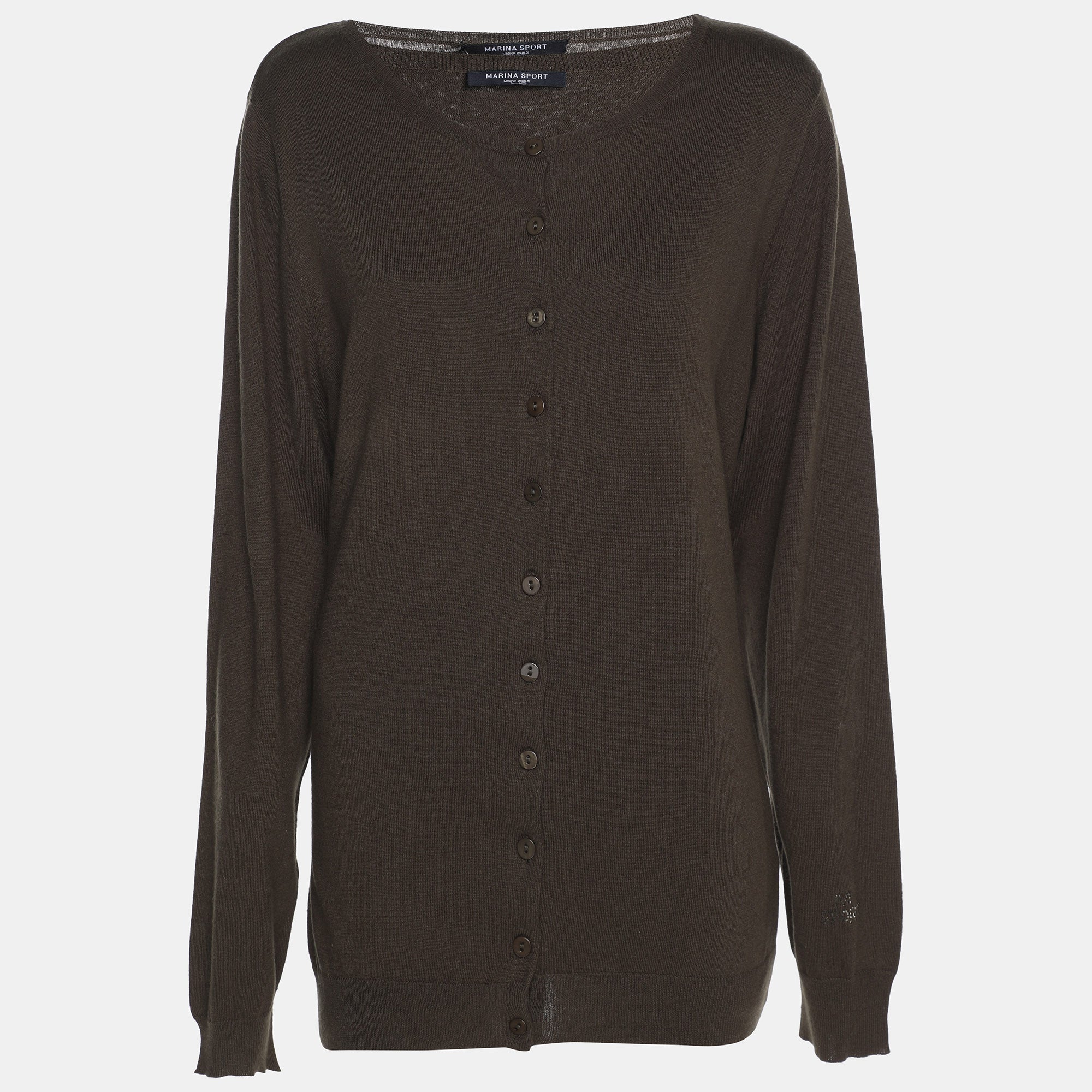 

Вязаный свитер Marina Sport By Marina Rinaldi оливково-зеленого цвета с пуговицами спереди