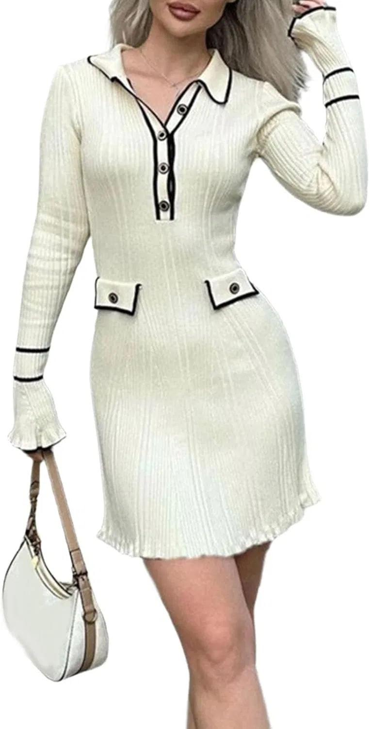 Женское длинное платье с V-образным вырезом, женское платье с длинными рукавами, женское облегающее трикотажное платье с частичной пуговицей — фото 2