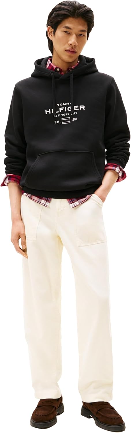 Мужская толстовка с капюшоном Tommy Hilfiger средней плотности с фирменным напечатанным графическим логотипом, Black — фото 3