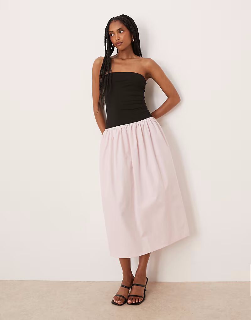 

Платье-бандо макси ASOS DESIGN из микса поплина с цветными блоками розового цвета
