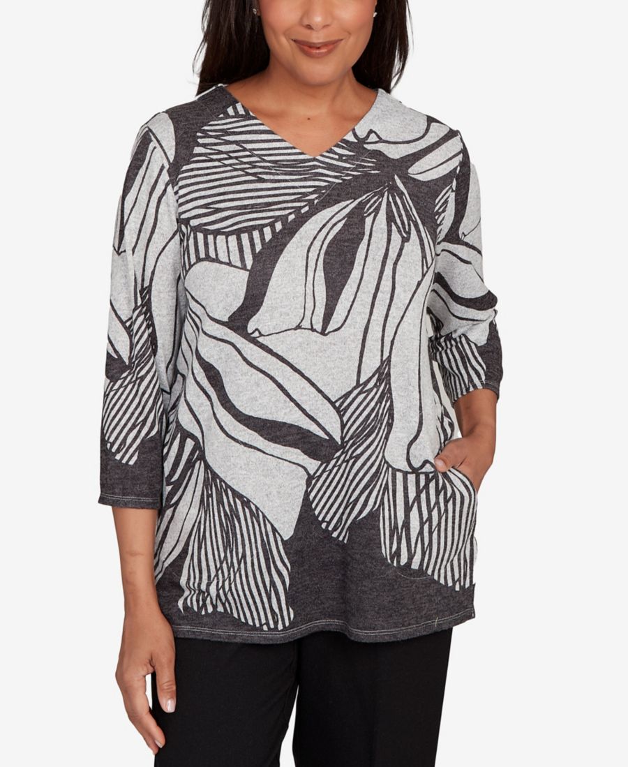 

Классический женский топ с V-образным вырезом и абстрактным цветочным узором в полоску Alfred Dunner, Black