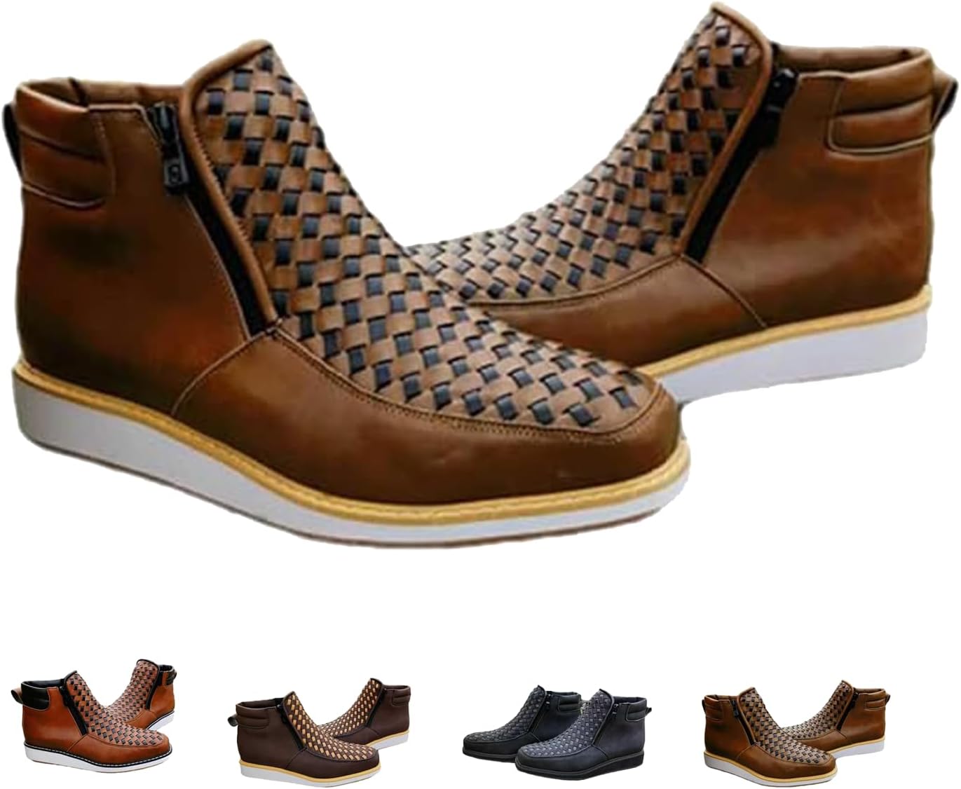 

Мужские ковбойские сапоги ручной работы в стиле вестерн, с квадратным носком, из кожи, сплетенной вручную, с двойной боковой молнией Generic, хаки