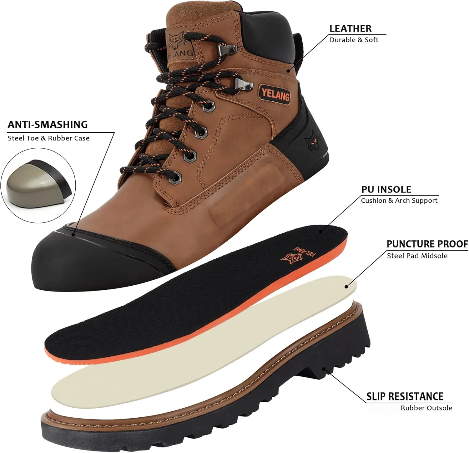 

Мужские рабочие ботинки Yelang с металлическим носком, противоскользящие, проколоустойчивые утилитарные ботинки высотой 6 дюймов для промышленного строительства и работы на улице, коричневый