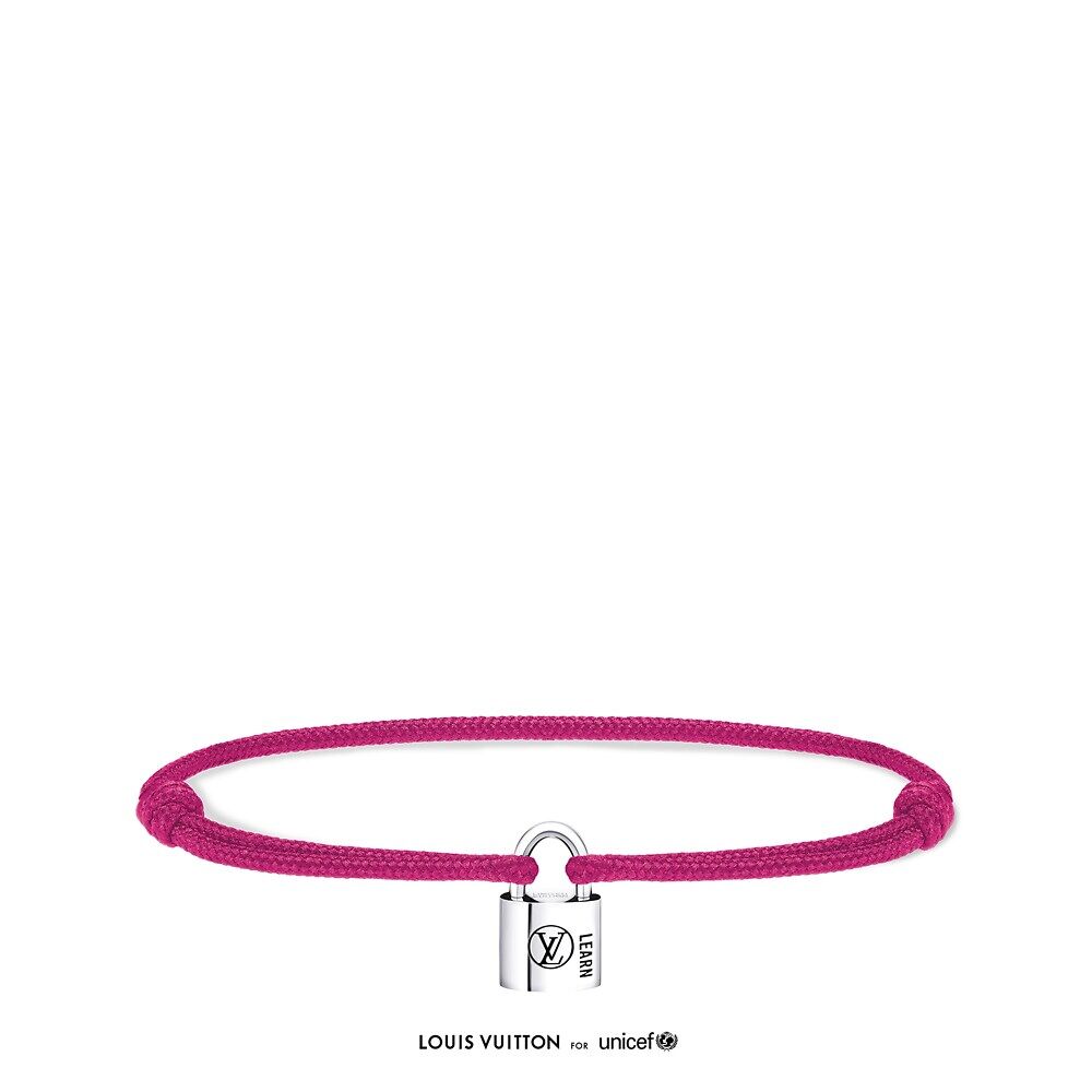 

Louis Vuitton Серебряный браслет Lockit, серебряный лакированный черный и розовый шнур из полиэстера