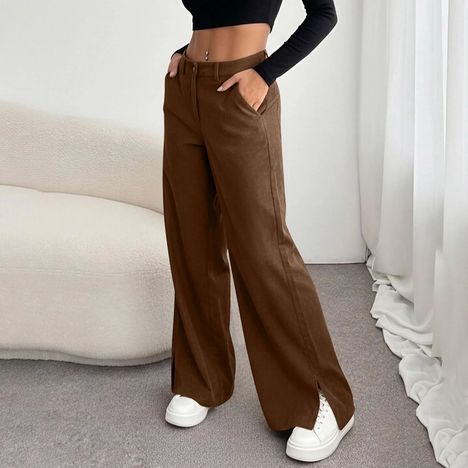Кордюровые брюки для женщин Mid Rise винтажные широкие брюки однотонные брюки с боковым разрезом свободные брюки с карманом Generic, кофейный — фото 4