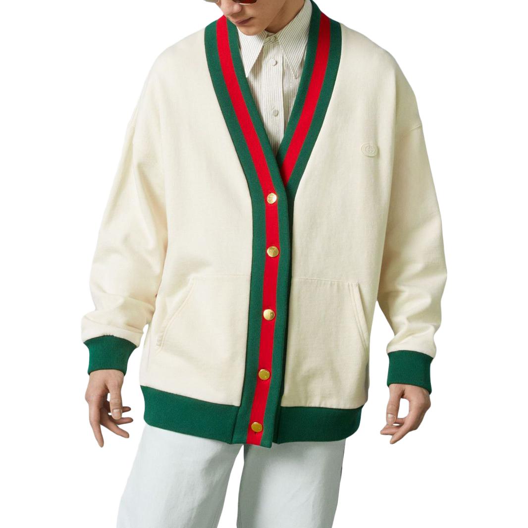 Кардиган Gucci Cotton Jersey Cardigan With Web 'Off White' 752190-XJFV6-9150, белый — фото 3
