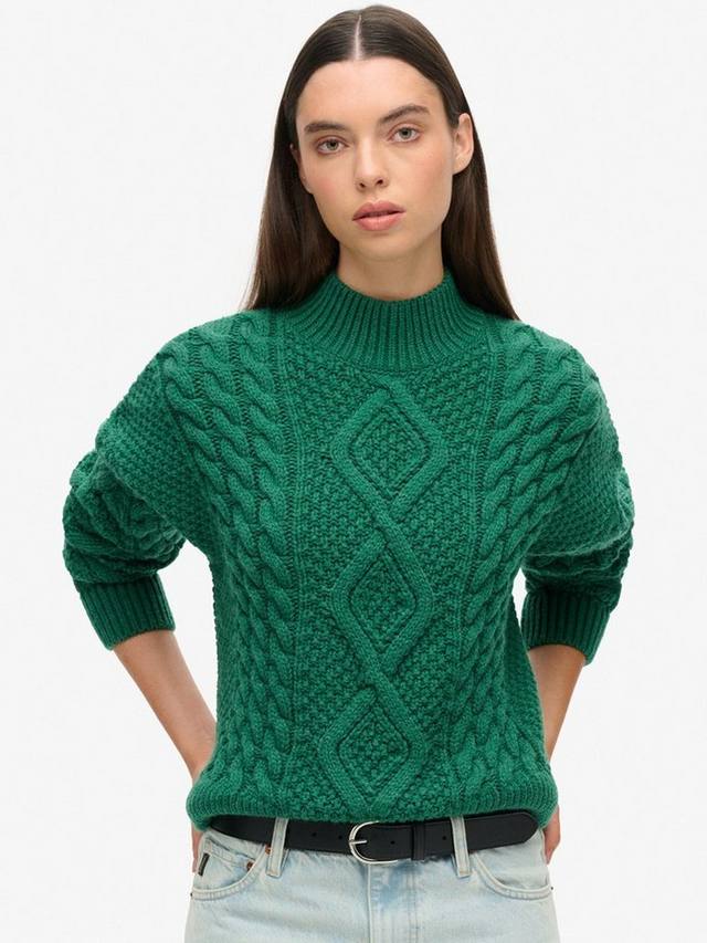 

Джемпер поло из полушерстяной смеси aran кабельной вязки Superdry, цвет Pine Green
