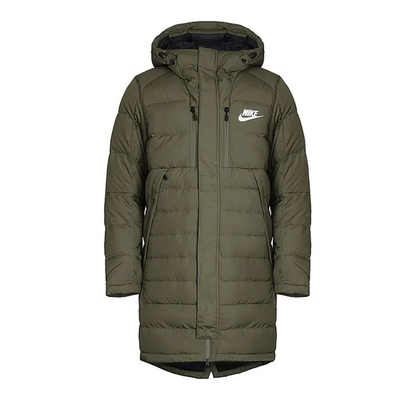 Nike Пуховик мужской с капюшоном оливкового цвета
