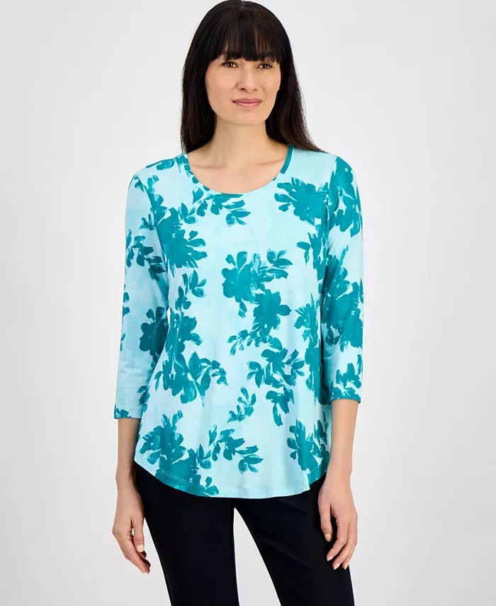 

Женская блузка с принтом и круглым вырезом, с рукавом 3/4 JM Collection, синий