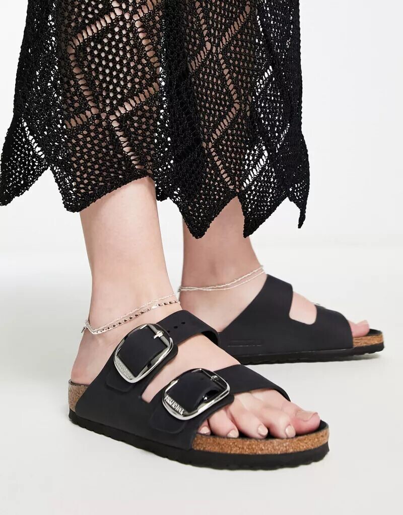 Черные кожаные сандалии Birkenstock Arizona с большой пряжкой