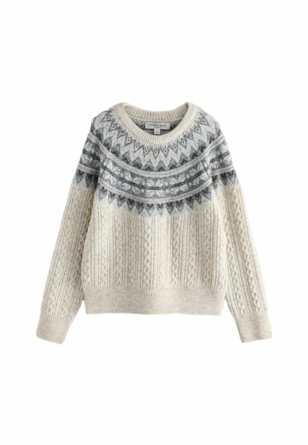 Рождественский джемпер с длинными рукавами, укороченный крой Next, Ecru Fairisle Cable Knit