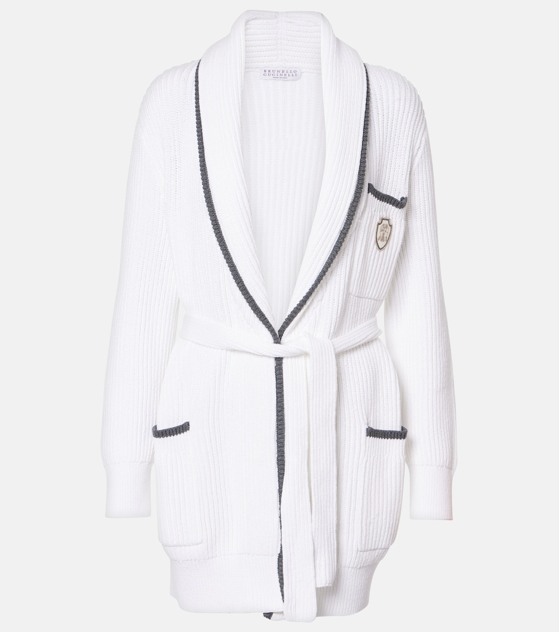 

Хлопковый кардиган в рубчик Brunello Cucinelli, Bianco+Piombo