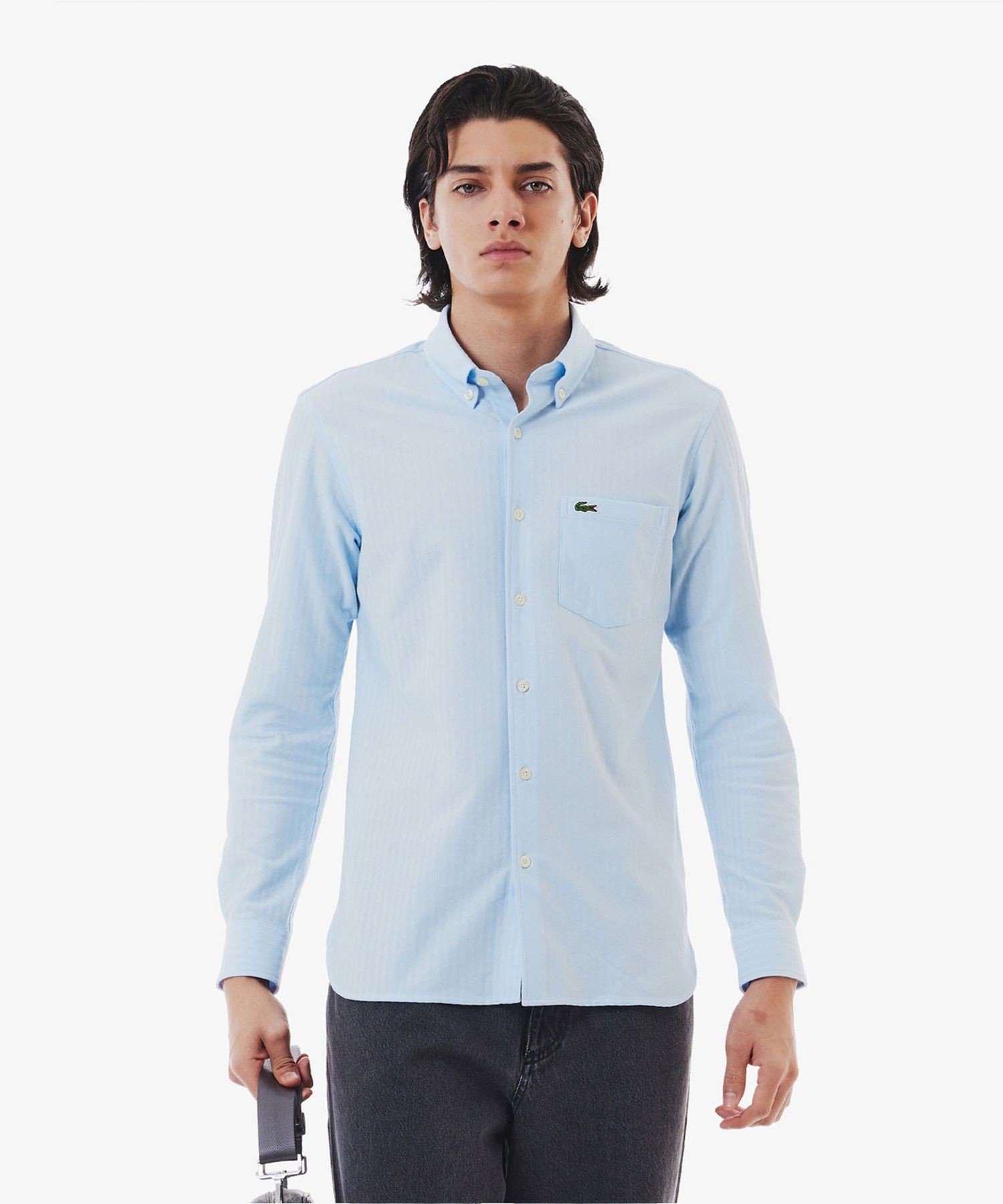 Рубашка из трикотажа с жаккардовой полосой и пуговицами LACOSTE, Light blue
