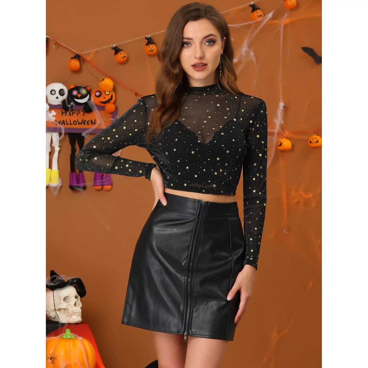 

Женский сетчатый укороченный топ со звездами и воротником-стойкой, прозрачная блузка для вечеринки ALLEGRA K, черный