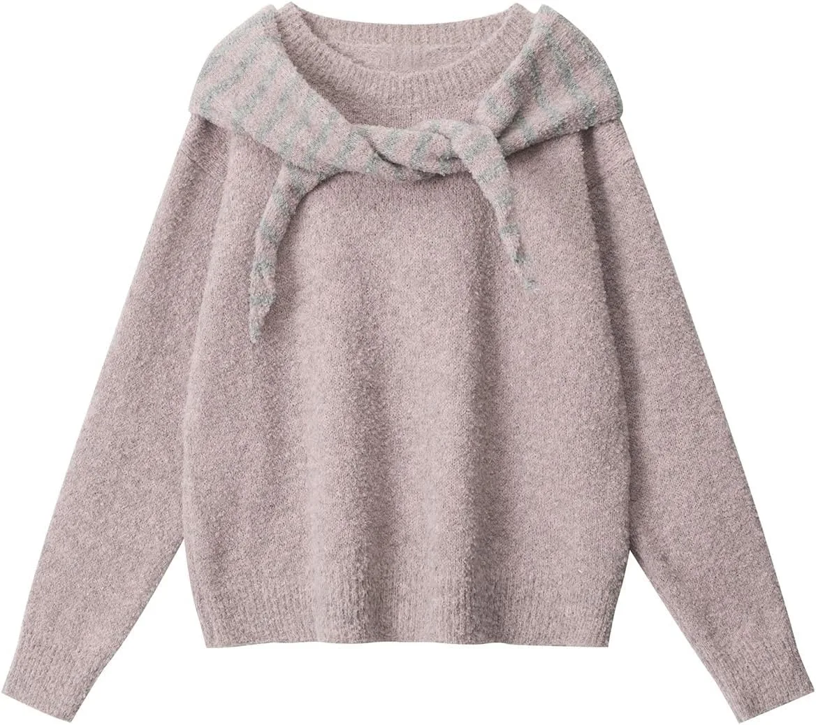 

Bakyarder Unisex мягкий вязаный свитер с полосатым шарф-воротником, уютный оверсайз