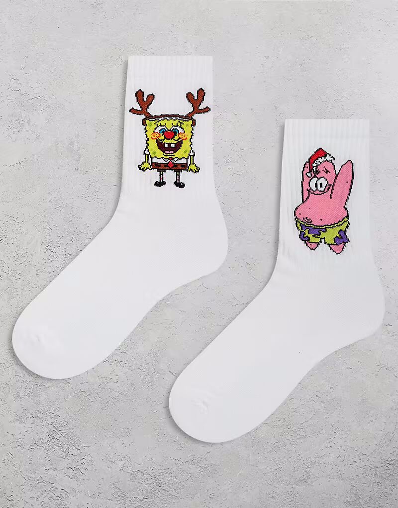 

Рождественские носки, 2 пары, с принтом Губки Боба, белого цвета Asos Design