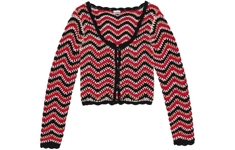 

Короткий кардиган из органического хлопка с вязаным узором GANNI, гоночный красный