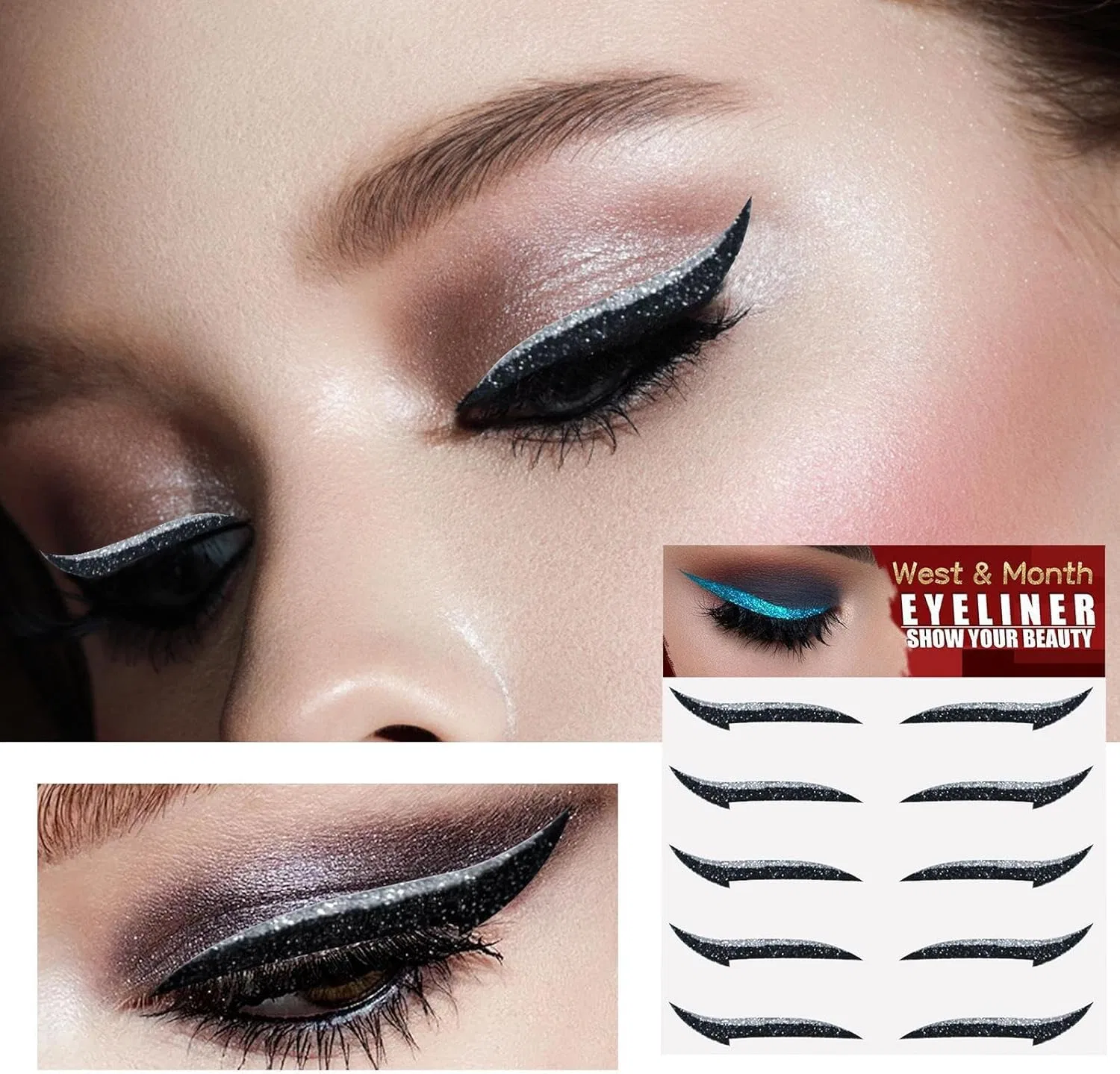 Наклейки для подводки глаз Glitter, 5 пар, серебристый, бренд Generic — фото 2
