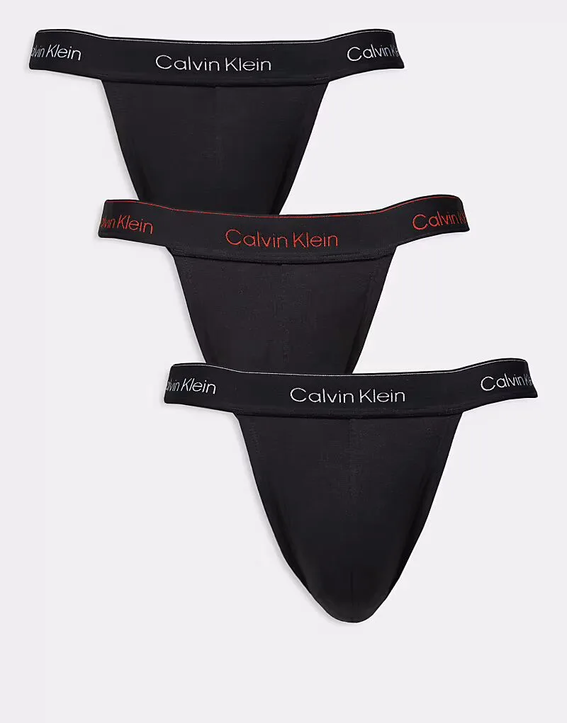 Трусы-бандажи Calvin Klein Icon Cotton Stretch, комплект из 3 штук, черные, с цветными поясами с логотипом