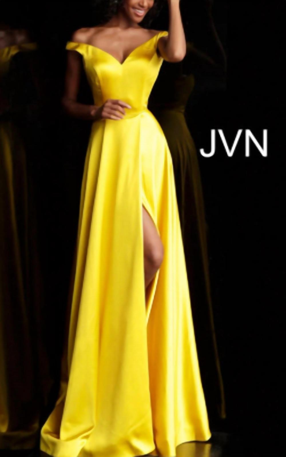 

Желтое атласное платье с открытыми плечами и разрезом JOVANI