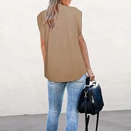 Блуза с длинным рукавом, повседневная, застежка на молнию и пуговицы, V-образный вырез, Khaki — фото 4