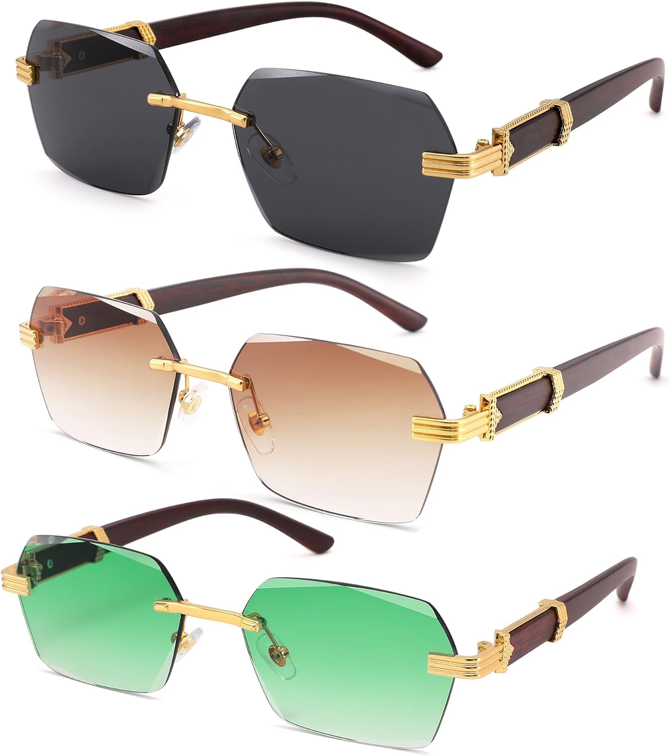 

Солнцезащитные очки Hycredi без оправы, прямоугольной формы, для мужчин и женщин, в стиле ретро, ​​без оправы, квадратной формы, солнцезащитные очки в стиле Y2k, тонированные очки, A7 * 3 Pack (Gray + Brown + Green)