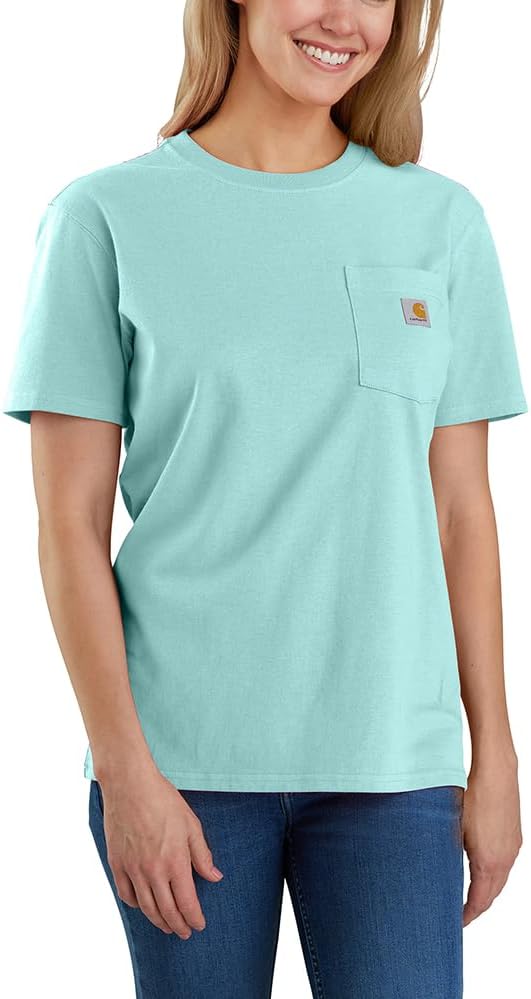 

Carhartt женская футболка с карманом, свободный крой, плотная ткань, короткий рукав, Pastel Turquoise
