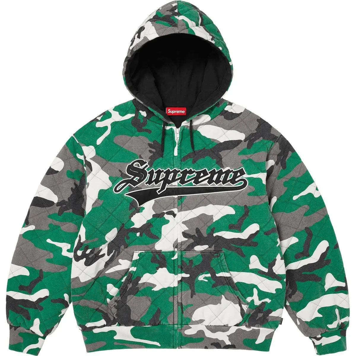 

Стеганый свитер с капюшоном на молнии Supreme, зеленый camouflage/зеленый camo