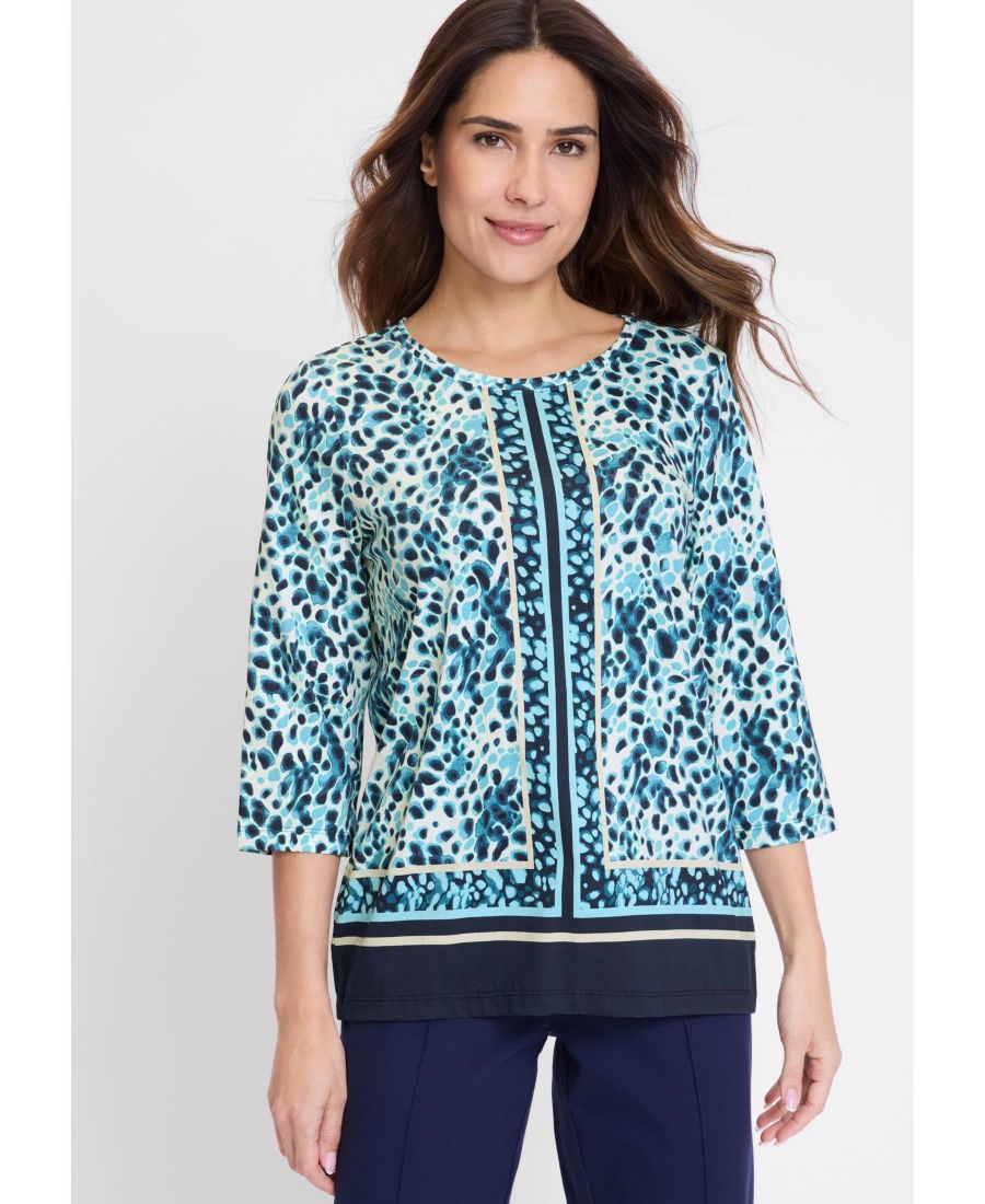 

Современная женская футболка с анималистическим принтом и каймой Olsen, Light teal