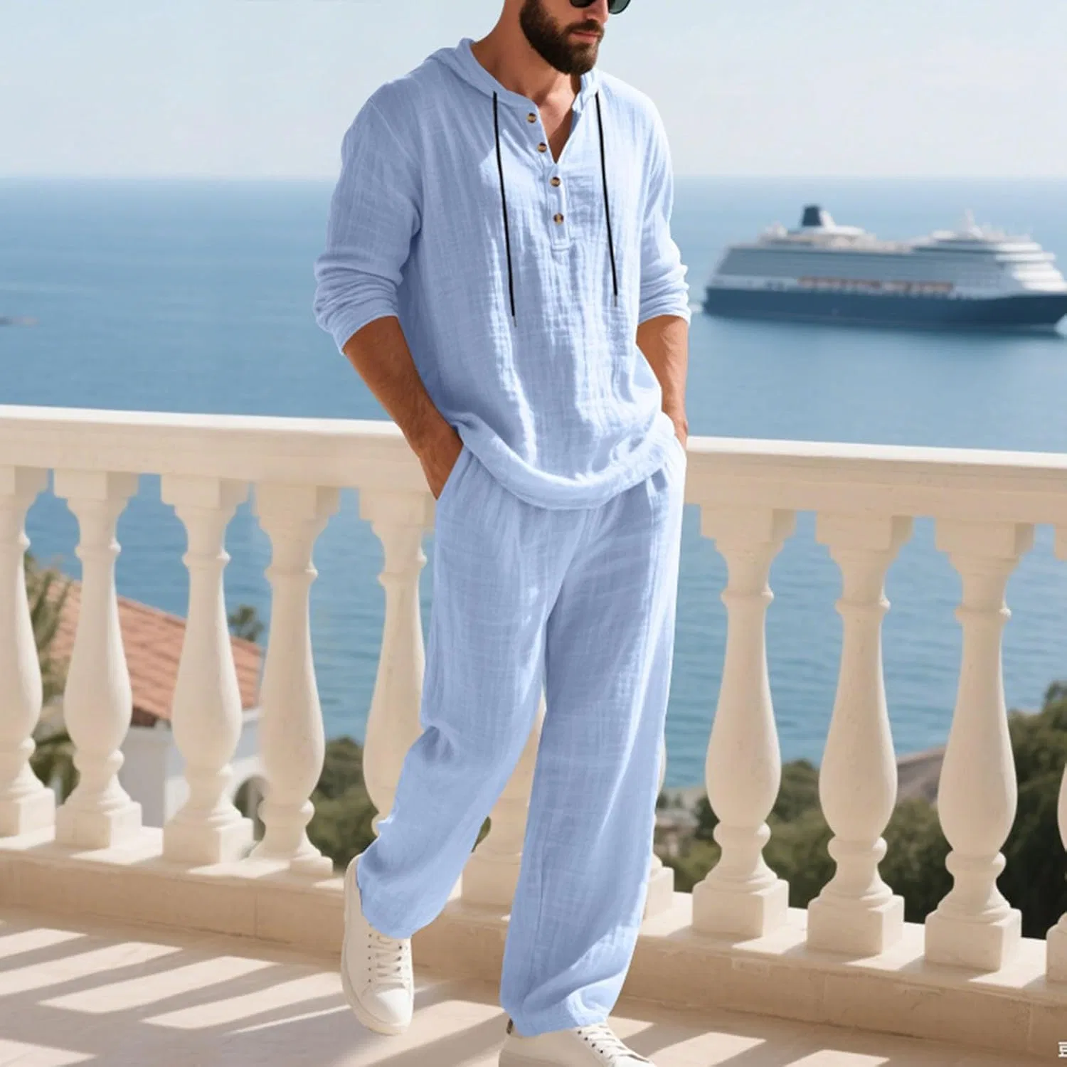 Мужской спортивный костюм из хлопка и льна, Generic, Light Blue — фото 2