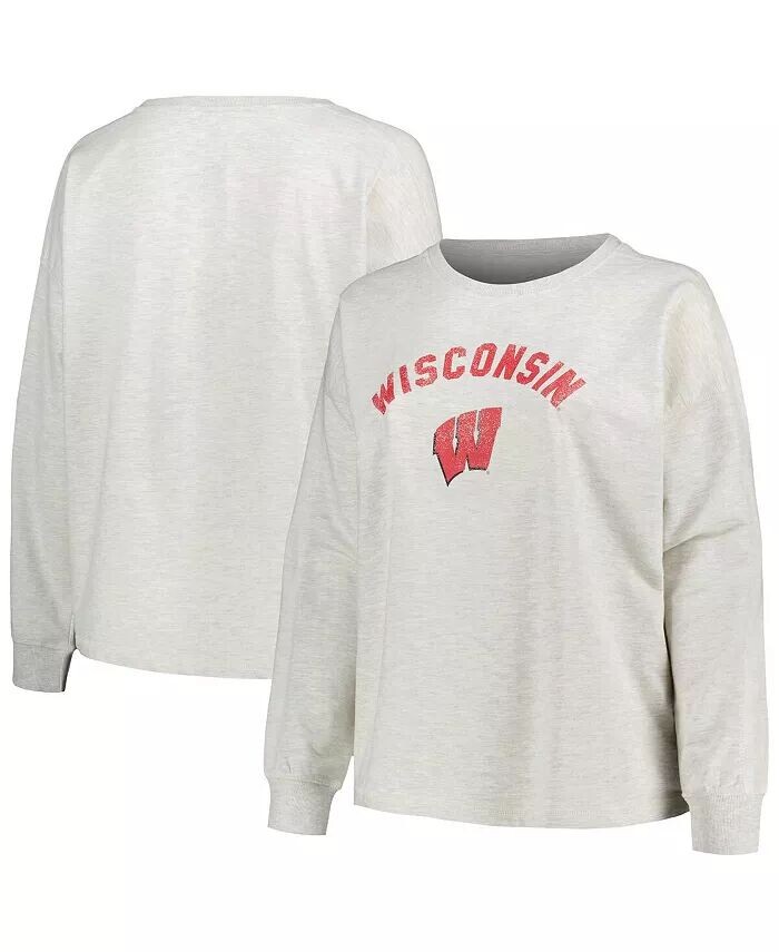 

Женская овсяная толстовка Wisconsin Badgers Plus Size с потертостями и логотипом, нейтральный свободный свитер Profile