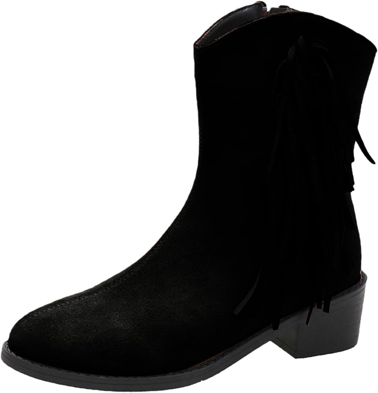 

Женские замшевые ботильоны с бахромой, боковой замок, заостренный носок, плоская подошва, западные ковбойские ботинки с низким массивным каблуком, средняя голень Baxtayel, черный