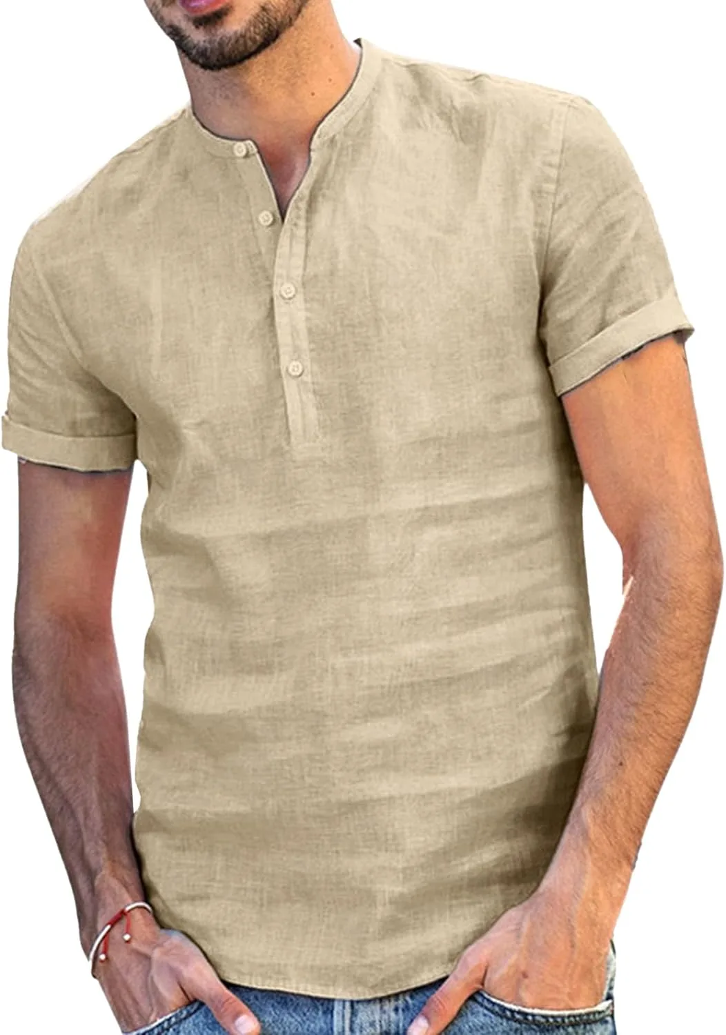 

Мужская хлопковая льняная футболка с коротким рукавом и V-образным вырезом Maiyifu-GJ