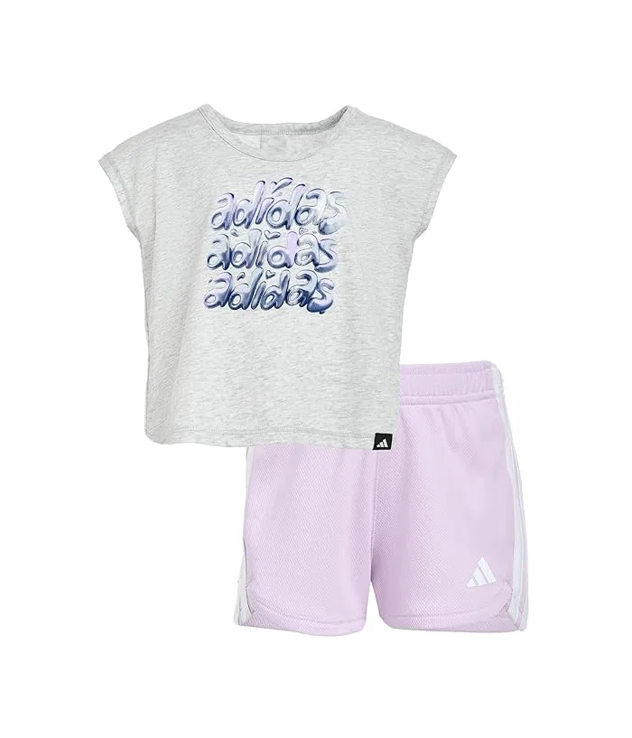 Комплект футболка и шорты Back Pleated Heather Tee Mesh Shorts Set Adidas Kids, Light Grey Heather