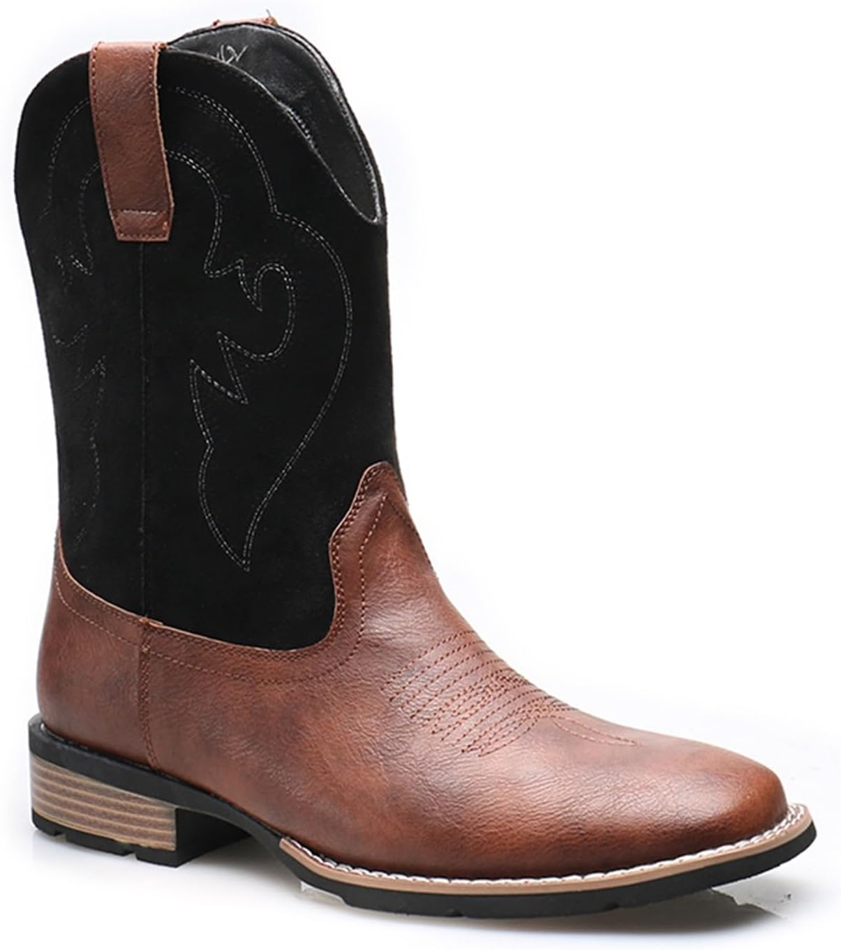 

Мужские вышитые ковбойские сапоги с запрокидкой, кожаные, с противоскользящей подошвой, сапоги на платформе, с квадратным носком, повседневные кожаные сапоги Generic, черный